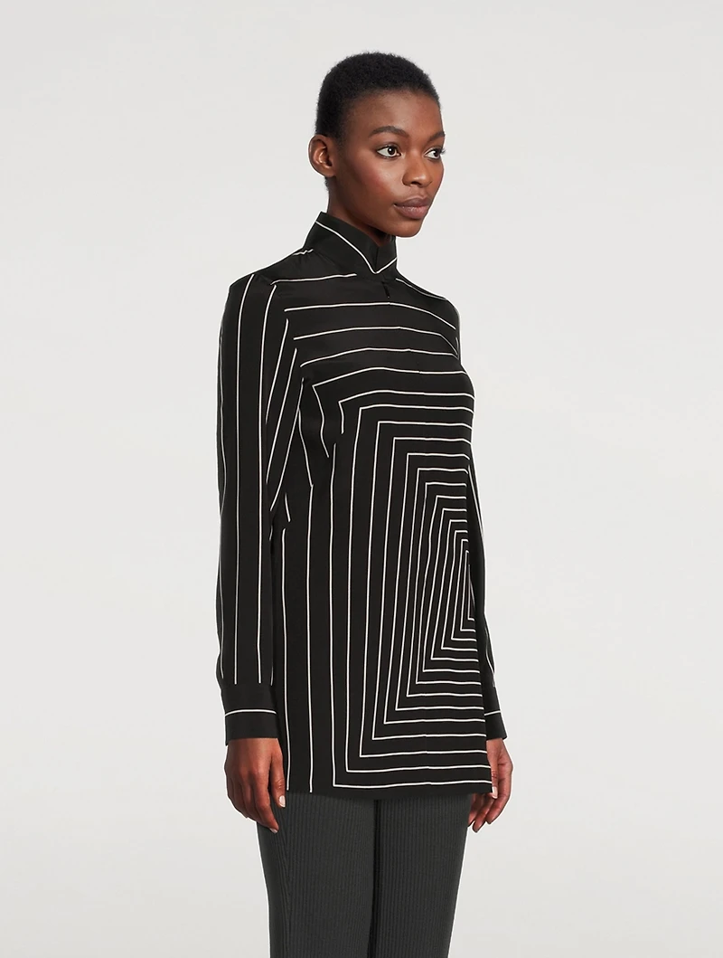 Zip-Front Silk Tunic Trapezoid Print