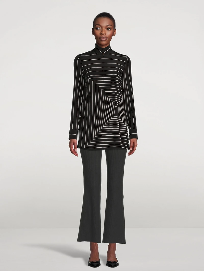 Zip-Front Silk Tunic Trapezoid Print