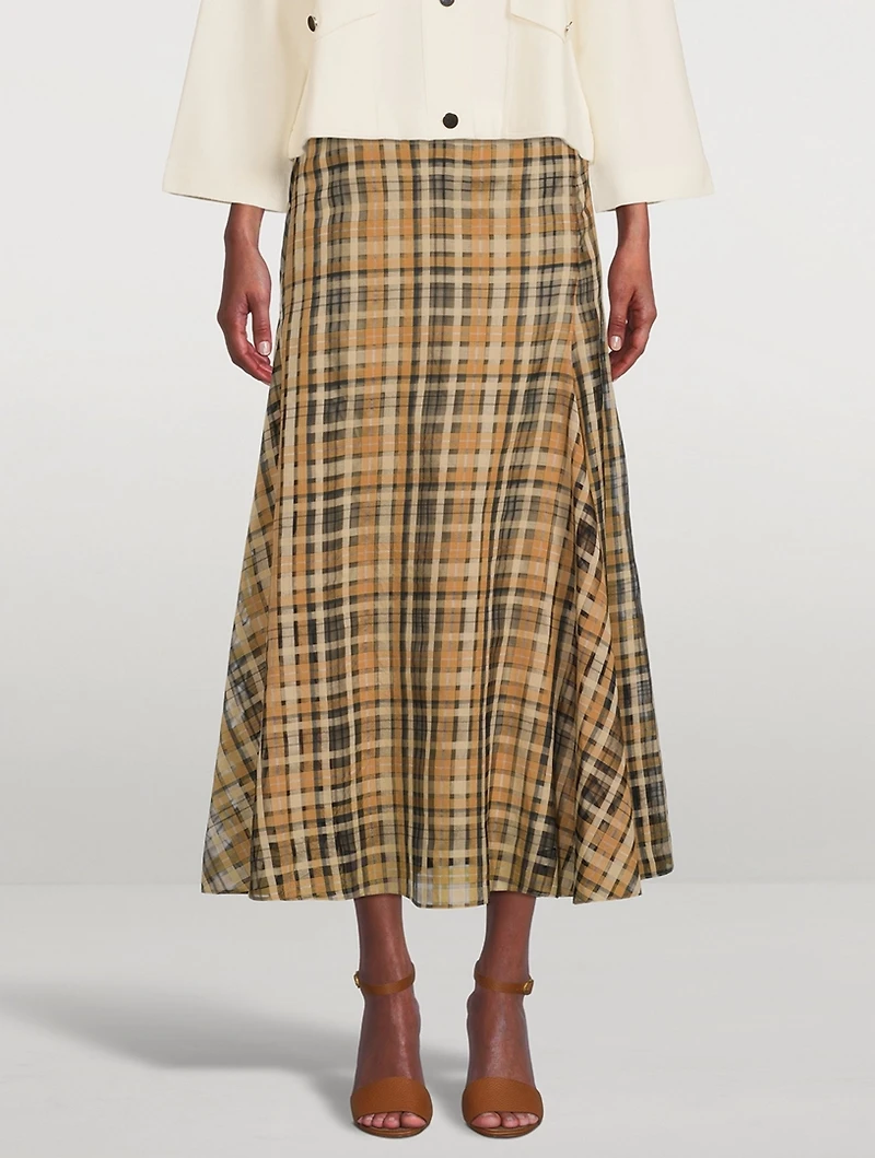 Silk Organza Midi Skirt Check Print