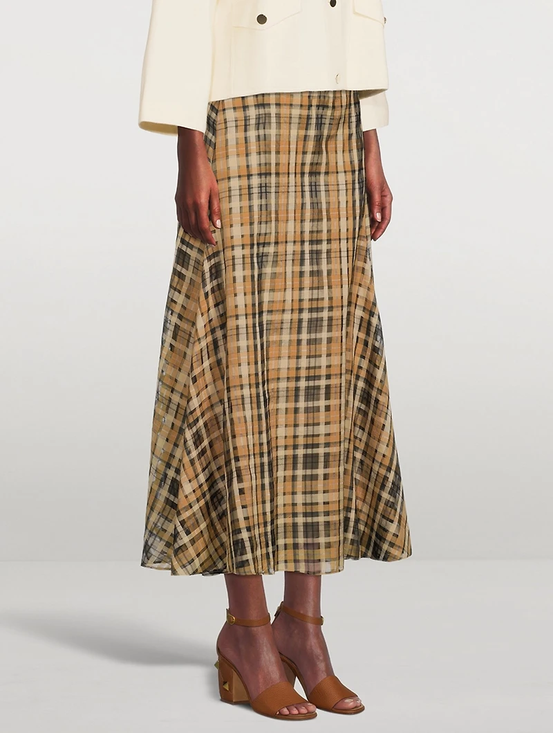 Silk Organza Midi Skirt Check Print