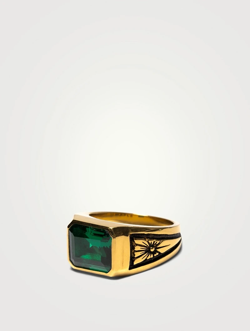 14K Gold-Plated Midnight Signet Ring With Emerald