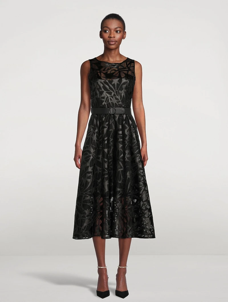 Belted Cut-Out Vegan Leather Midi Dress