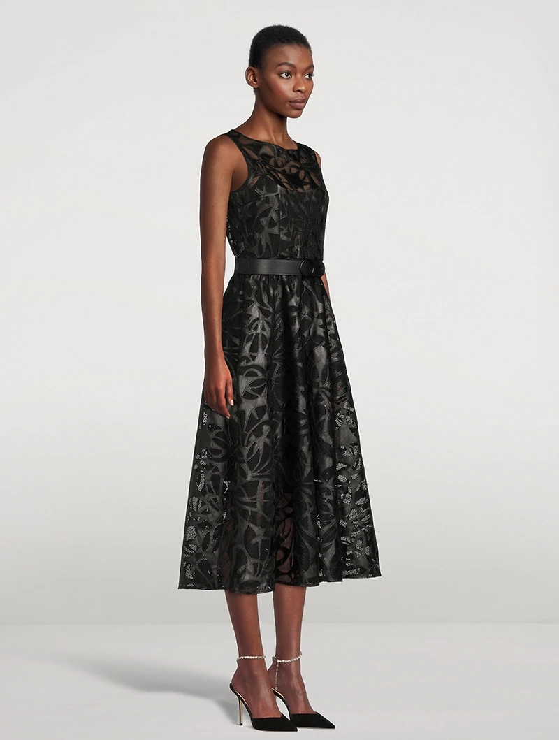 Belted Cut-Out Vegan Leather Midi Dress
