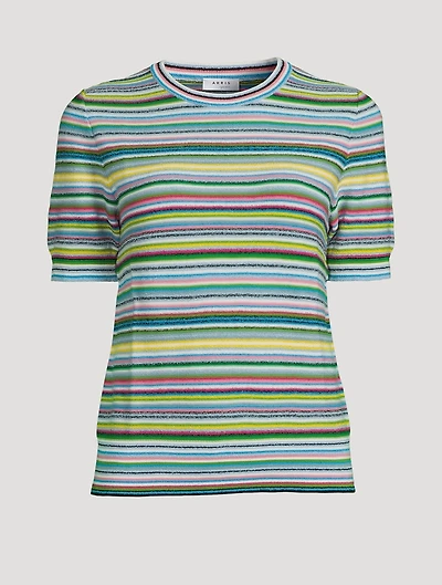 Short-Sleeve Bouclé Sweater Stripe Print