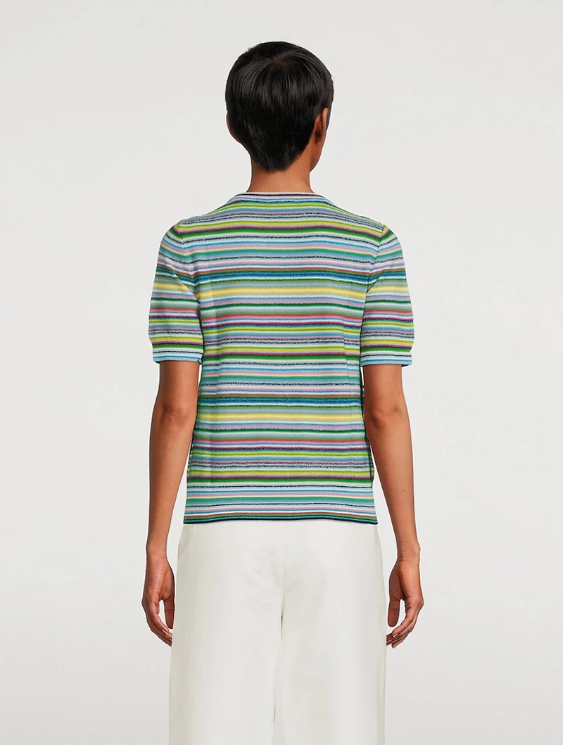Short-Sleeve Bouclé Sweater Stripe Print