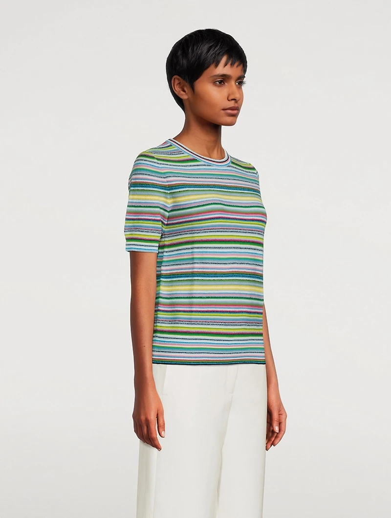 Short-Sleeve Bouclé Sweater Stripe Print