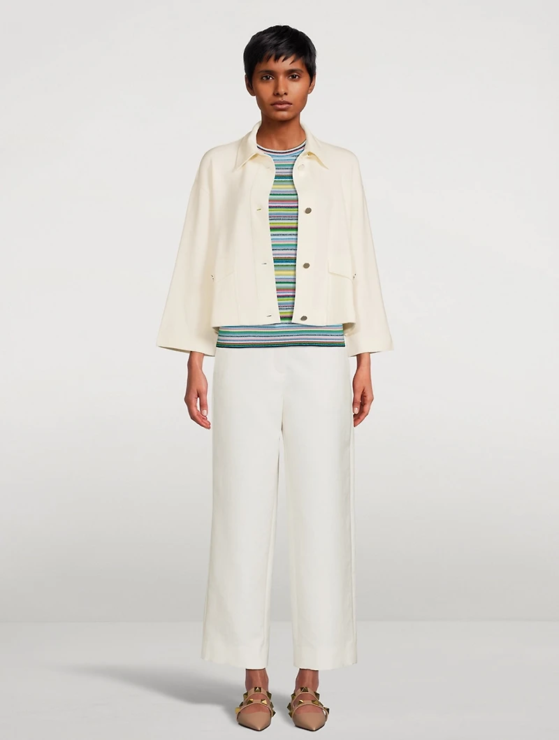 Short-Sleeve Bouclé Sweater Stripe Print