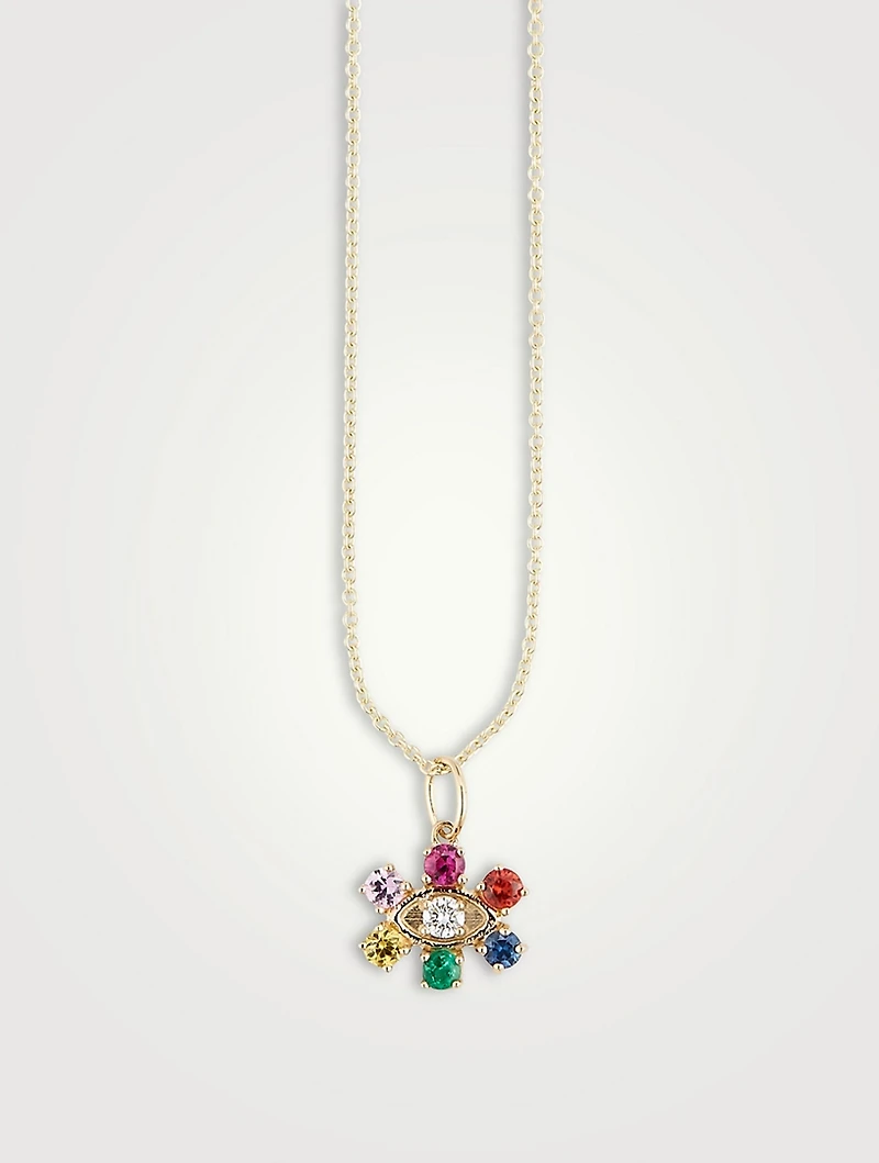14K Gold Evil Eye Pendant Necklace With Multicolour Stones