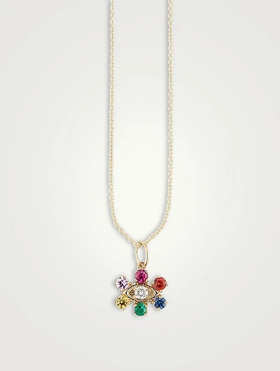 14K Gold Evil Eye Pendant Necklace With Multicolour Stones