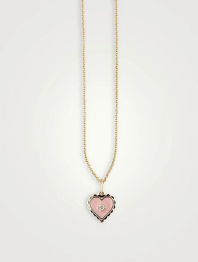 14K Gold Enamel Heart Necklace With Diamond