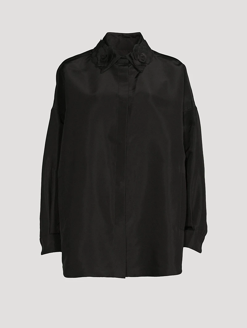 Silk Faille Shirt With Floral Appliqué