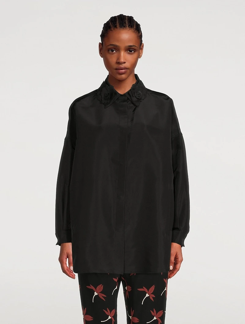 Silk Faille Shirt With Floral Appliqué
