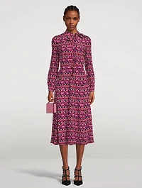 Crepe De Chine Shirt Dress With Scarf V Optical Print