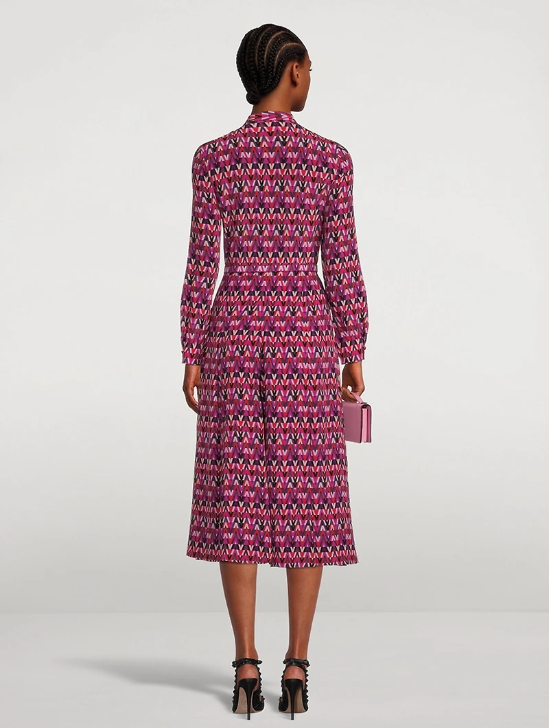 Crepe De Chine Shirt Dress With Scarf V Optical Print