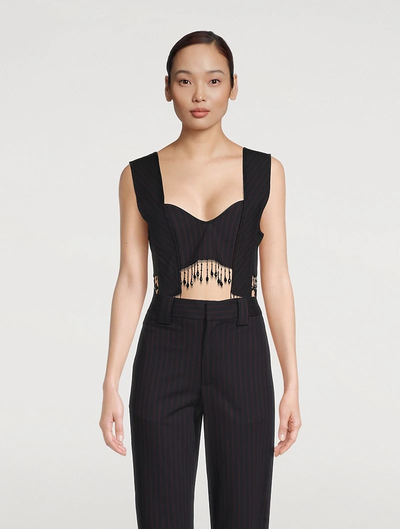 Pinstripe Beaded Fringe Crop Top