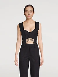 Pinstripe Beaded Fringe Crop Top