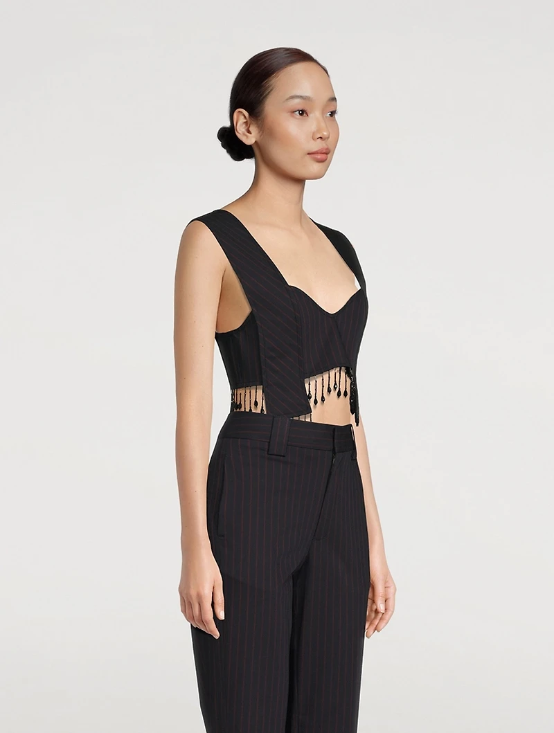 Pinstripe Beaded Fringe Crop Top