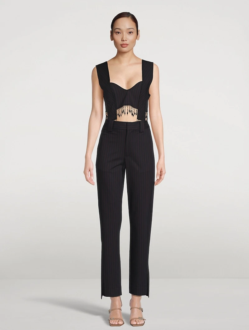 Pinstripe Beaded Fringe Crop Top