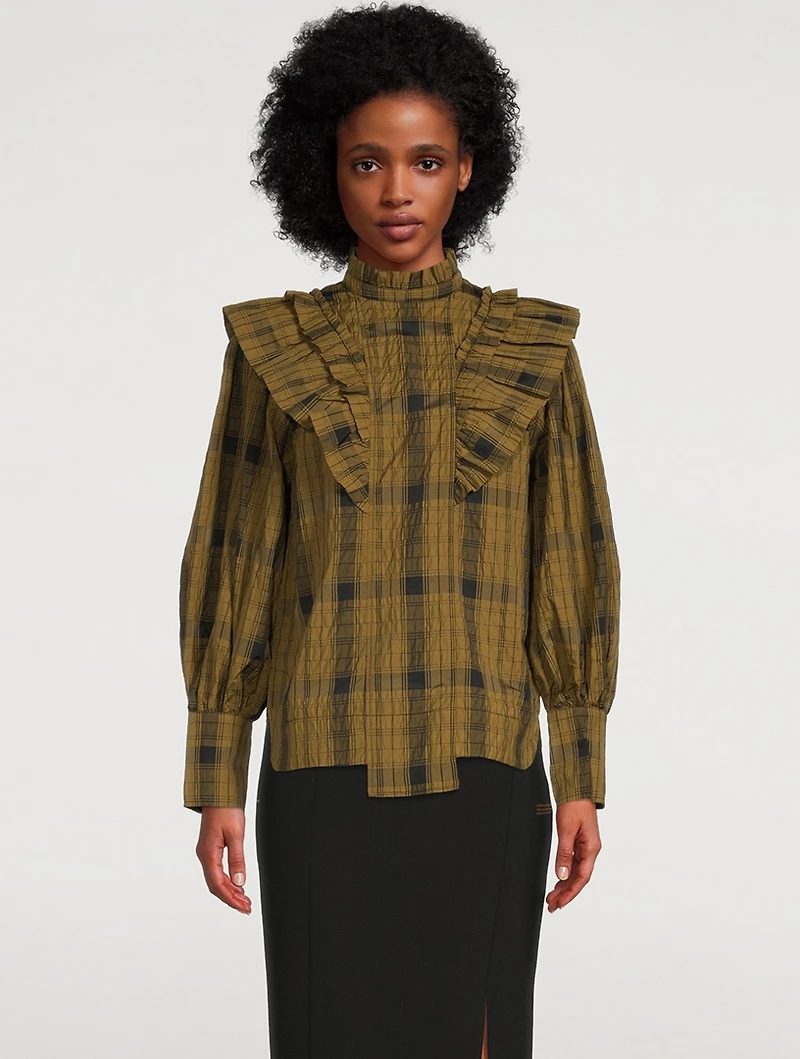 Ruffled Seersucker Blouse Check Print