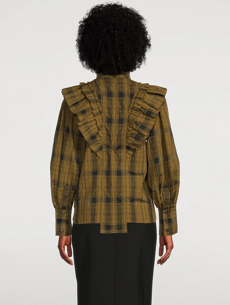 Ruffled Seersucker Blouse Check Print