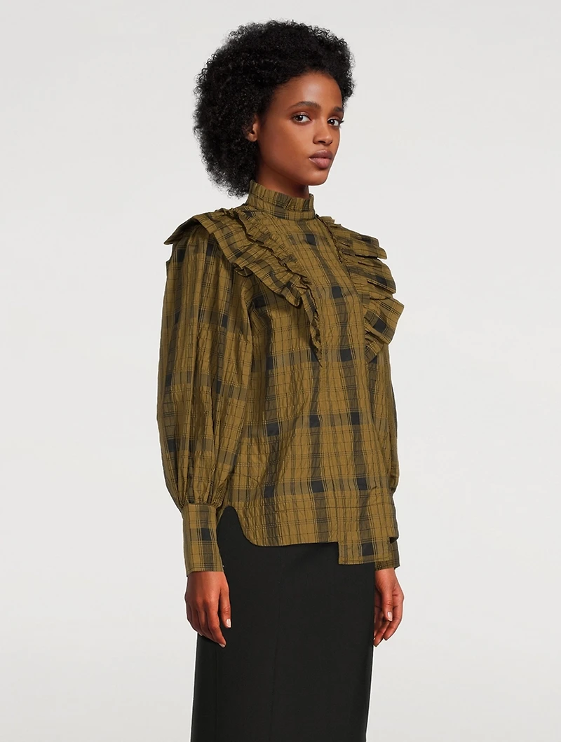 Ruffled Seersucker Blouse Check Print