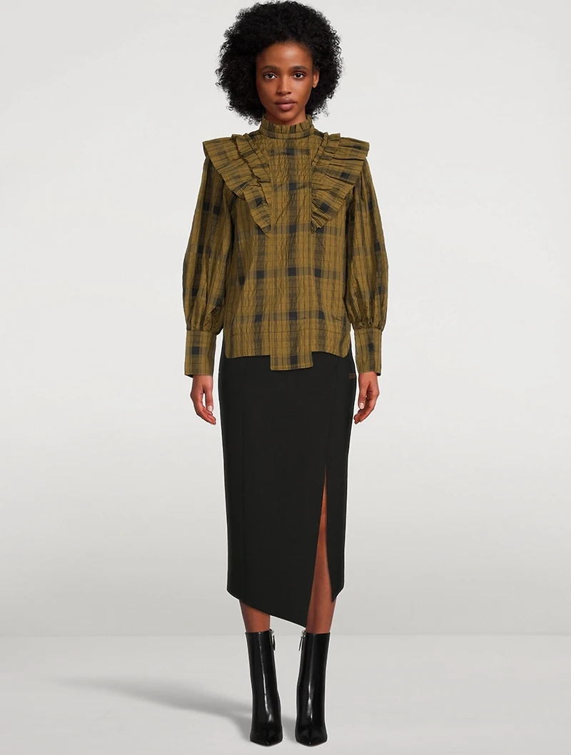 Ruffled Seersucker Blouse Check Print