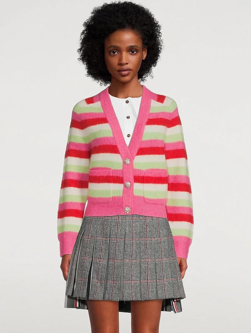 Striped Soft Knit Cardigan With Crystal Buttons