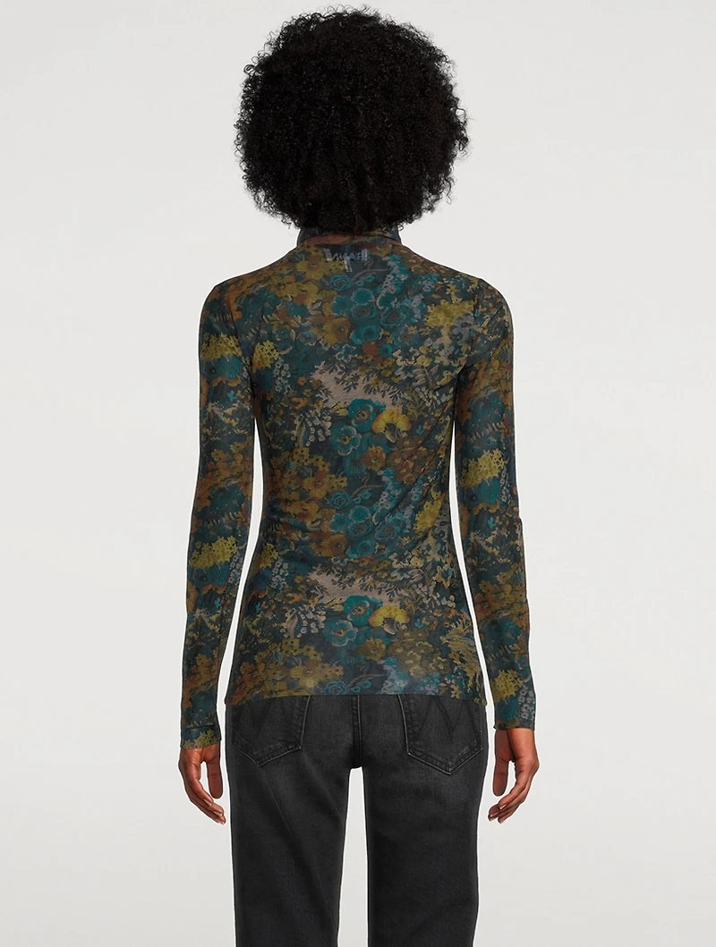 Mesh Turtleneck Top Floral Print
