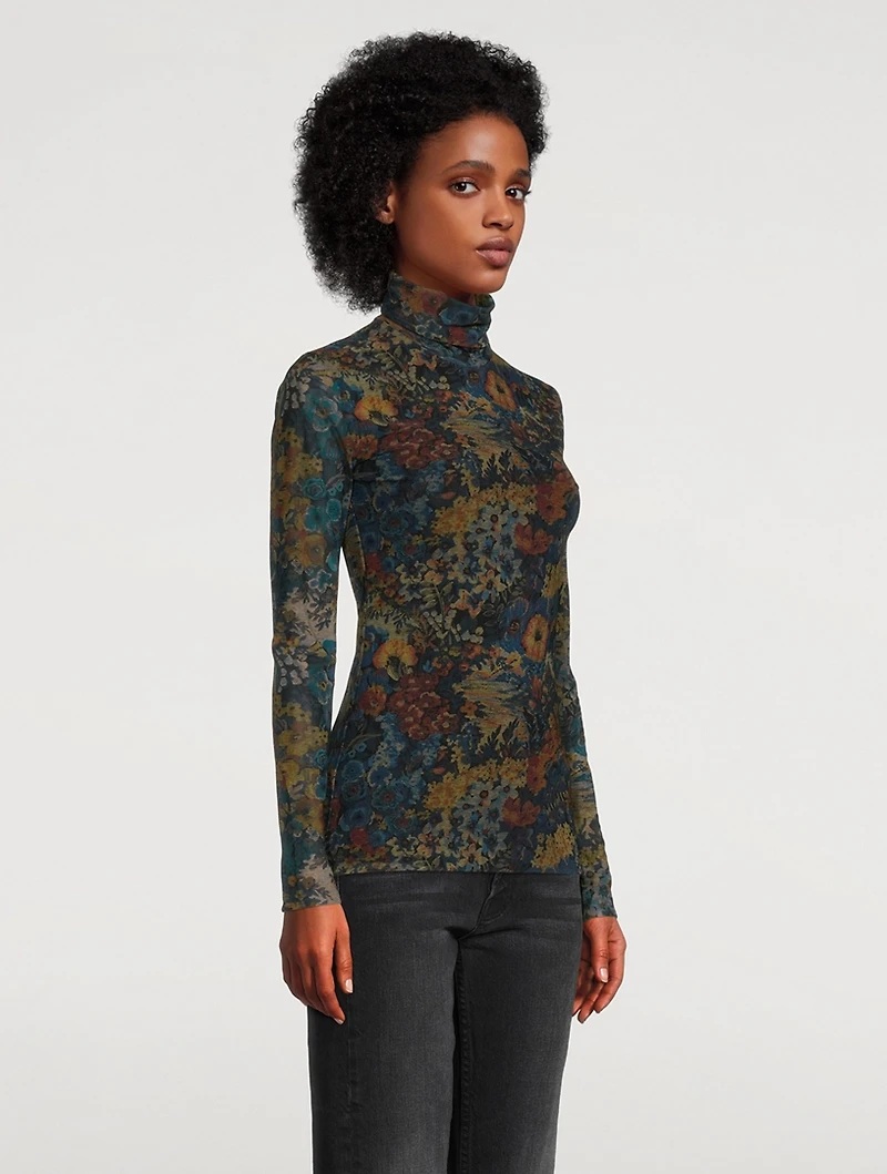 Mesh Turtleneck Top Floral Print