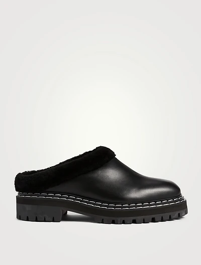 Shearling-Lined Leather Lug-Sole Mules