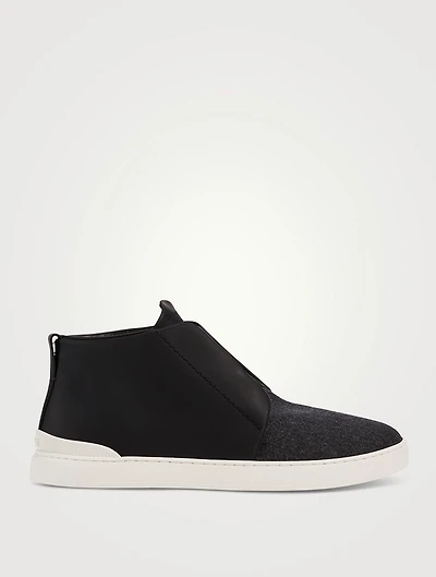 Triple Stitch Rubberized Leather And Flannel Sneakers