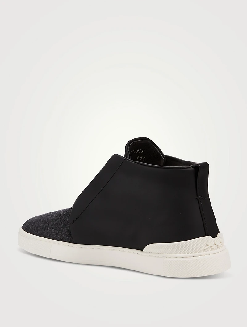 Triple Stitch Rubberized Leather And Flannel Sneakers