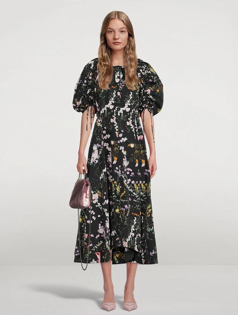 Puff-Sleeve Shirred Midi Dress Floral Print