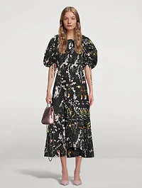 Puff-Sleeve Shirred Midi Dress Floral Print