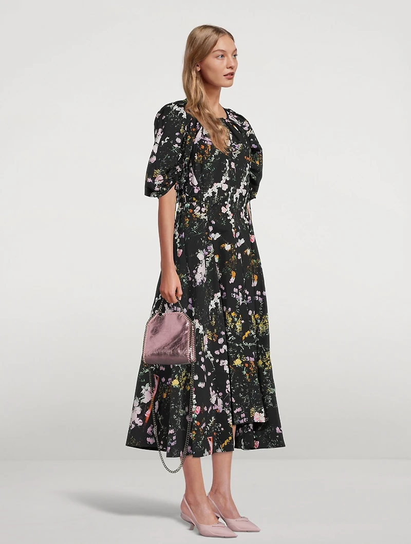 Puff-Sleeve Shirred Midi Dress Floral Print