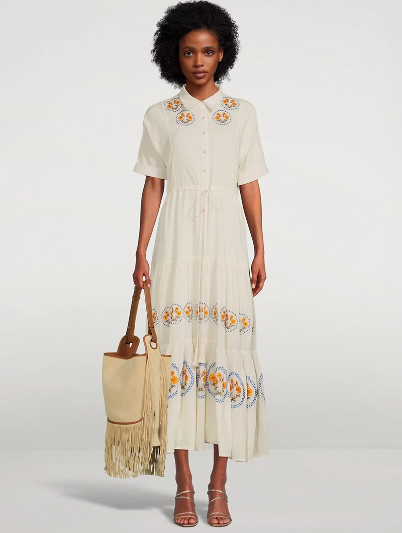 Natalie Organic Cotton Maxi Shirt Dress With Floral Embroidery