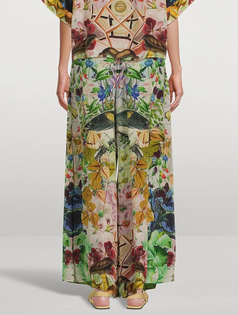 Belted High-Waisted Palazzo Pants Crowned Cranes Print