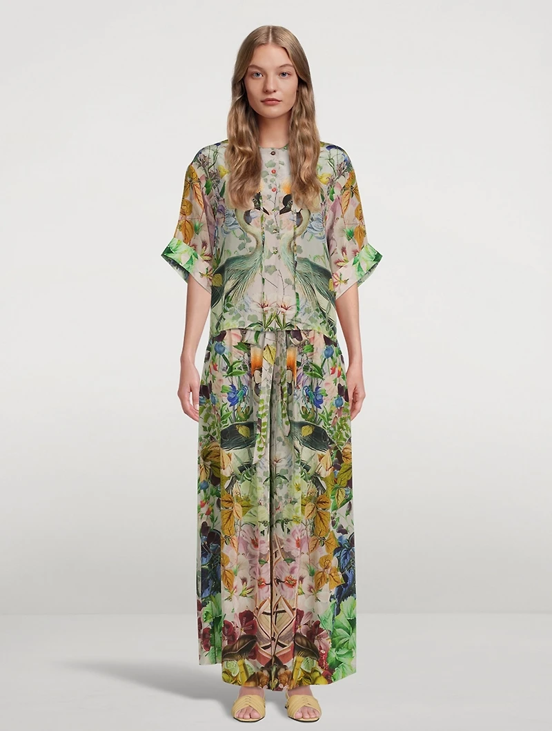 Belted High-Waisted Palazzo Pants Crowned Cranes Print