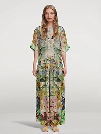 Belted High-Waisted Palazzo Pants Crowned Cranes Print