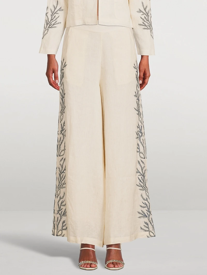 Hemp High-Waisted Palazzo Pants With Embroidery
