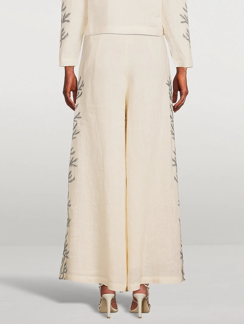 Hemp High-Waisted Palazzo Pants With Embroidery