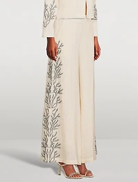 Hemp High-Waisted Palazzo Pants With Embroidery