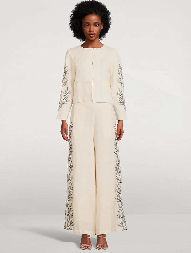 Hemp High-Waisted Palazzo Pants With Embroidery