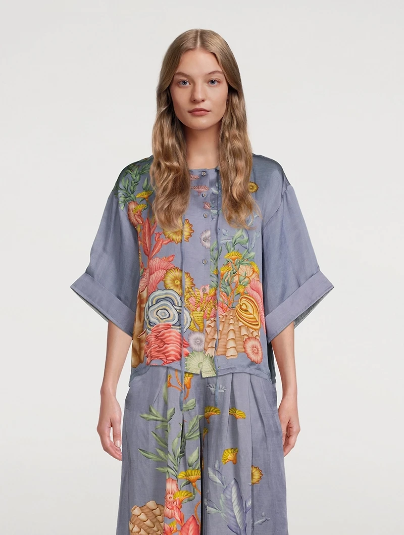 Kimono Linen-Blend Top Shell Print