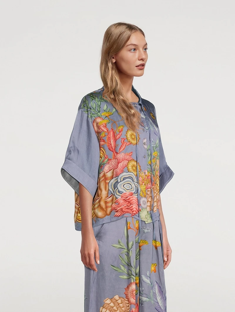 Kimono Linen-Blend Top Shell Print
