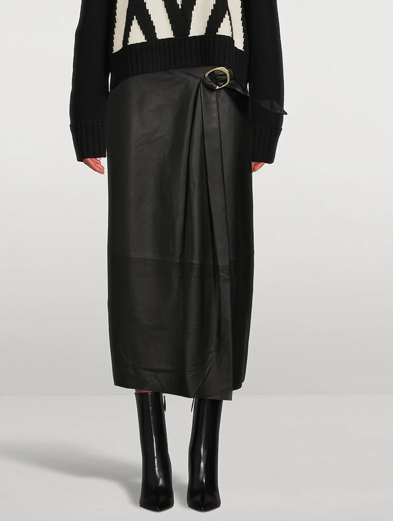 Wavy Buckle Leather Midi Skirt