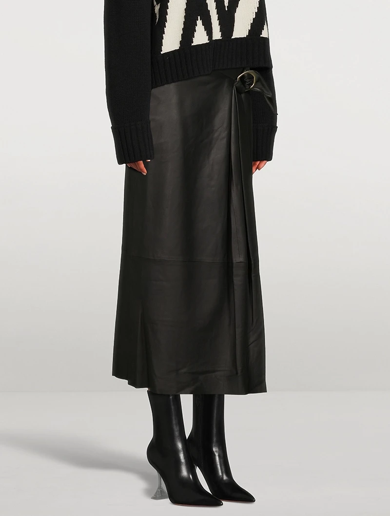Wavy Buckle Leather Midi Skirt