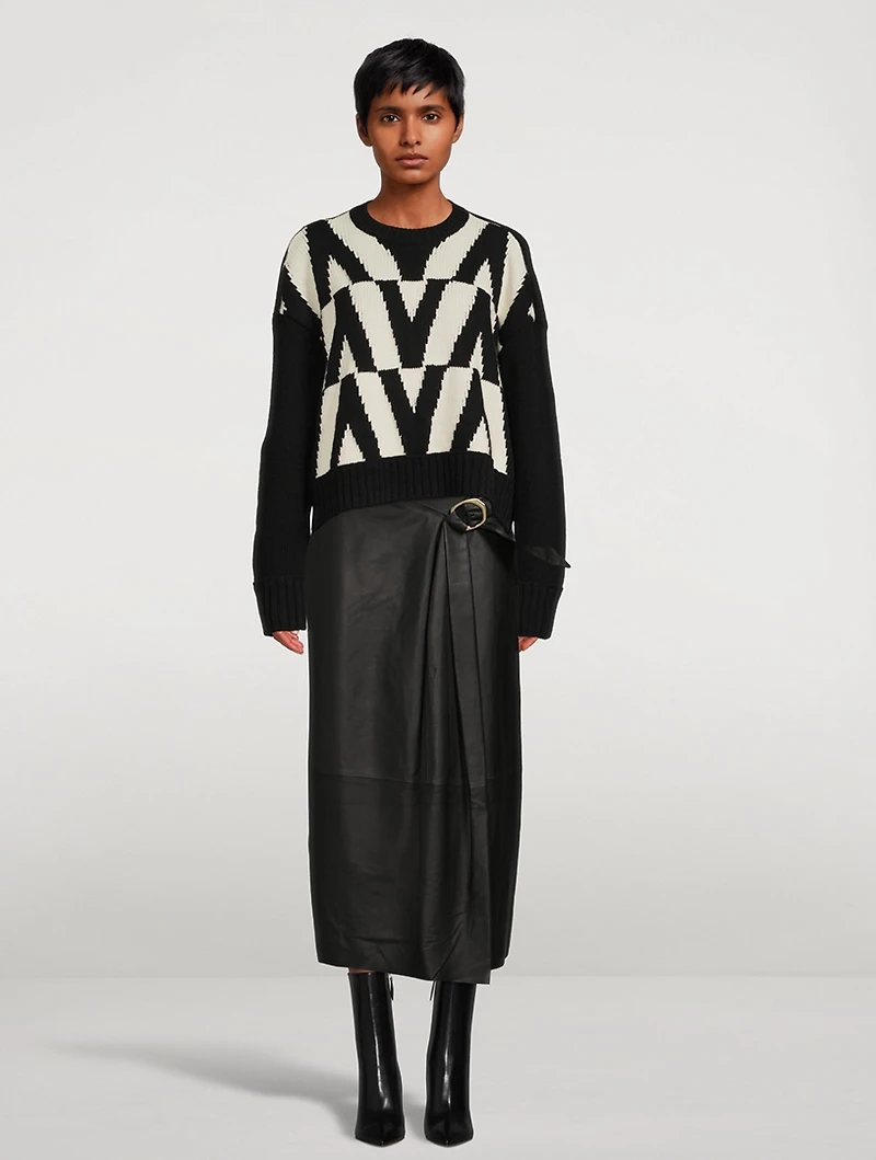 Wavy Buckle Leather Midi Skirt