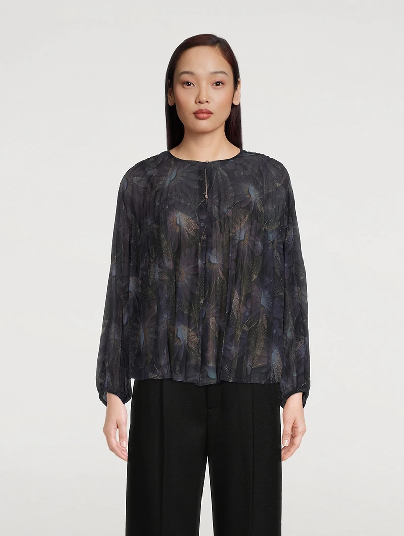 Deco Pleated Peasant Blouse Floral Print