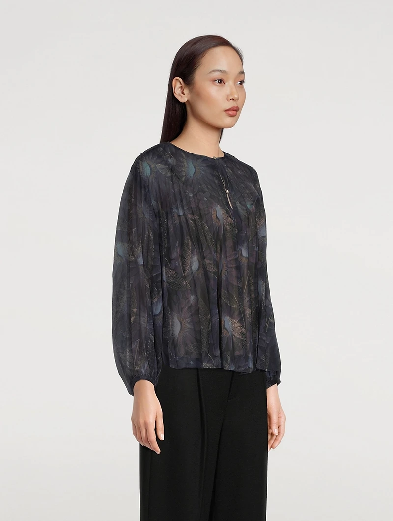 Deco Pleated Peasant Blouse Floral Print